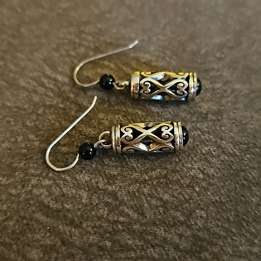BRIGHTON Silver Plated Barrel Scroll Beaded Dangle Hook Earrings